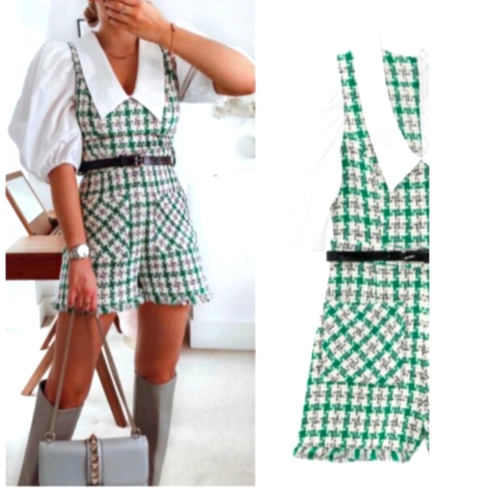 Zara Green Textured Weave Jumpsuit Romper